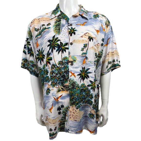 Vintage Hawaiian Shirt Y2K Ocean Current XL Rayon Aloha Wear Beach Island Palms - Picture 1 of 4